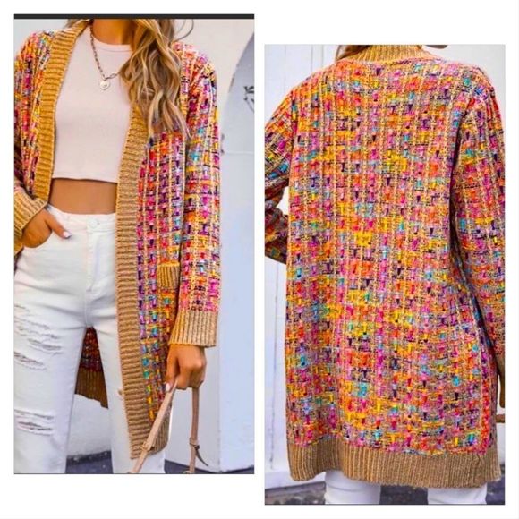 NWT! GORGEOUS BOUTIQUE MULTICOLOR OPEN FRONT PATCH POCKET CARDIGAN-SIZE LARGE - Picture 10 of 10